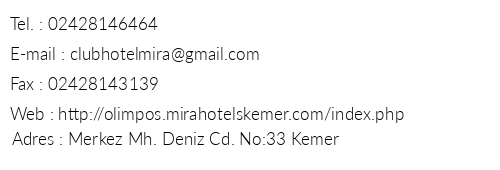 Mira Olimpos Beach Hotel telefon numaralar, faks, e-mail, posta adresi ve iletiim bilgileri